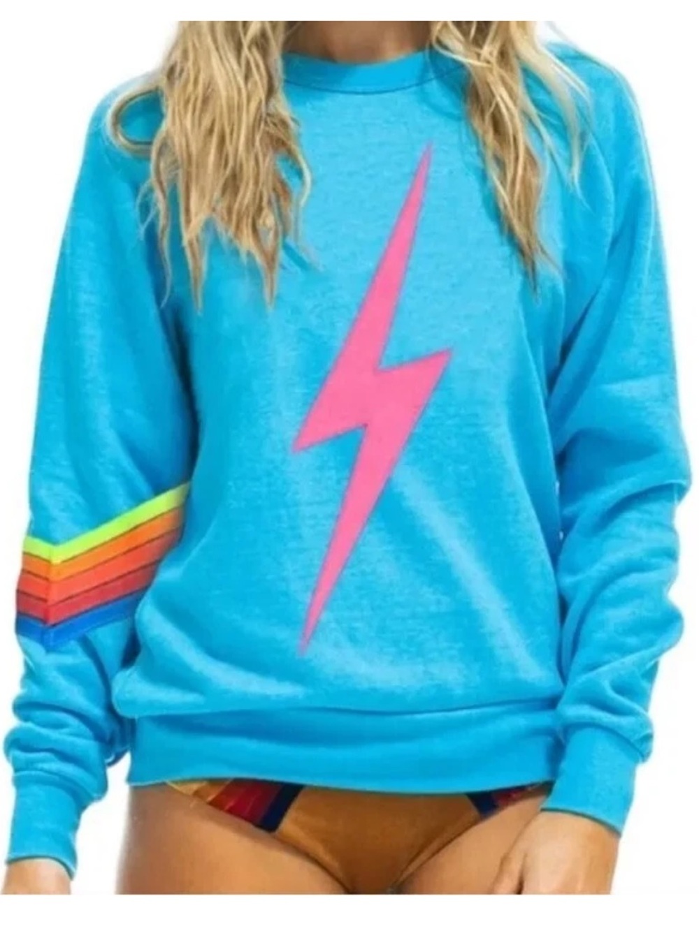 Aviator Nation Neon Stripe Blue Turquoise Aqua Sweatshirt Pink Bolt XS